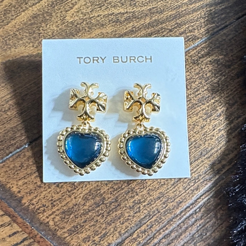Tory Burch Roxanne Blue Crystal Heart and Gold Drop Earrings NWT